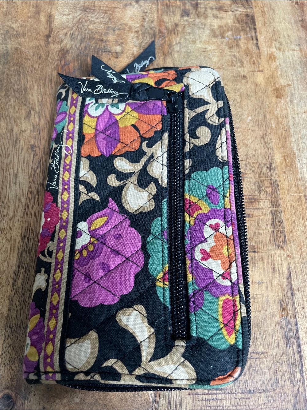 Vera Bradley Black Quilted Floral Zip Wallet with‎ Multicolor Accents - Picture 6 of 6